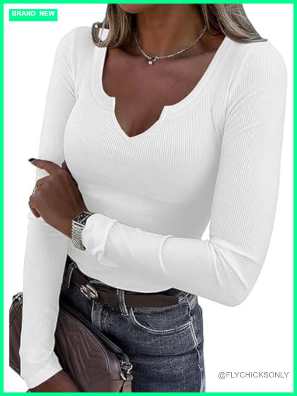 Women's V Neck Ribbed Long Sleeve Fitted Slim Knit Top